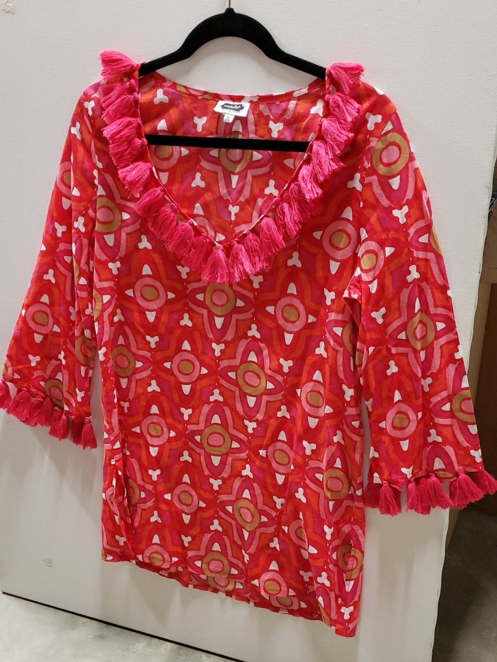 Mud Pie Coral Pink Tassel Geometric Top